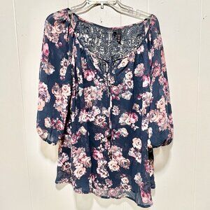 Heart Women’s Plus Size Embroidered V Neck Sheer Floral Blouse  1X
